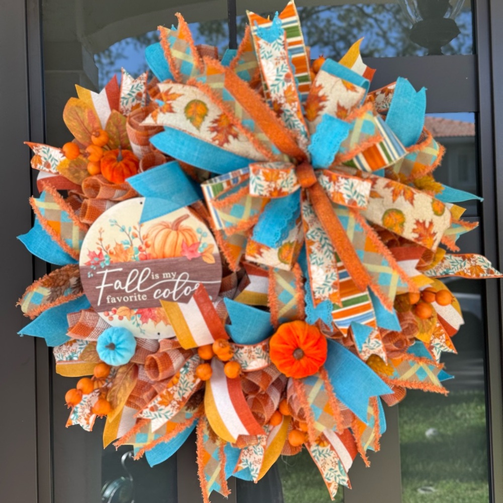 Fall/Autumn Harvest Wreath with Blue and Orange Accents